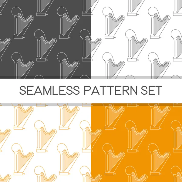 Four seamless vector patterns in different colors. Music background with harp vector outline illustration. Design element for music store or studio packaging or t-shirt design. — 图库矢量图片