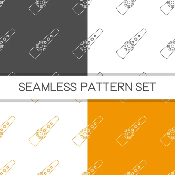 Four seamless vector patterns in different colors. Music background with kazoo vector outline illustration. Design element for music store or studio packaging or t-shirt design. — Stockvector