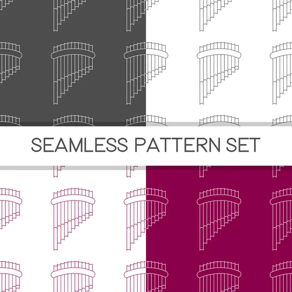 Four seamless vector patterns in different colors. Music background with panpipe vector outline illustration. Design element for music store or studio packaging or t-shirt design. — 图库矢量图片