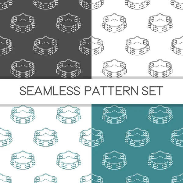 Four seamless vector patterns in different colors. Music background with tambourine vector outline illustration. Design element for music store or studio packaging or t-shirt design. — Stockvector