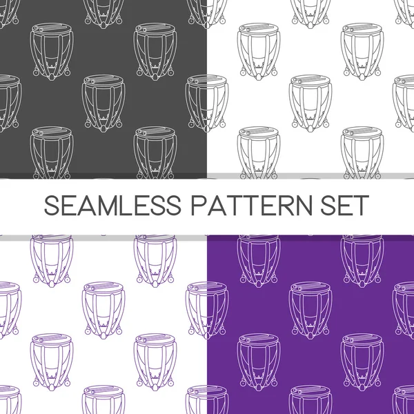Four seamless vector patterns in different colors. Music background with timpani vector outline illustration. Design element for music store or studio packaging or t-shirt design. — Stockvector