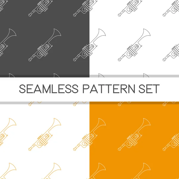 Four seamless vector patterns in different colors. Music background with trumpet vector outline illustration. Design element for music store or studio packaging or t-shirt design. — Stok Vektör