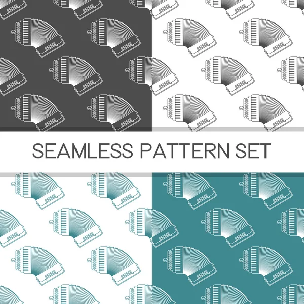 Four seamless vector patterns in different colors. Music background with accordion vector outline illustration. Design element for music store or studio packaging or t-shirt design. Stockillustratie
