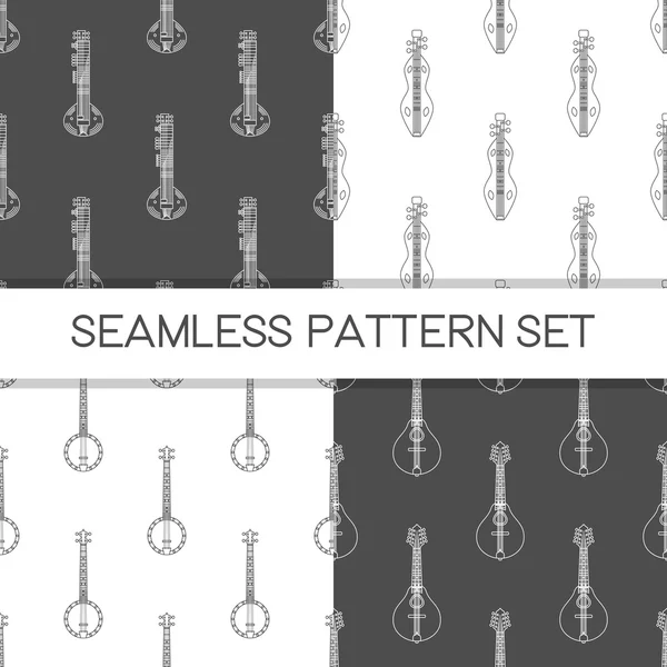 Four seamless vector patterns. Music background with illustration of sitar, dulcimer, banjo and mandolin. Design element for music store or studio packaging, or t-shirt design. Rechtenvrije Stockillustraties