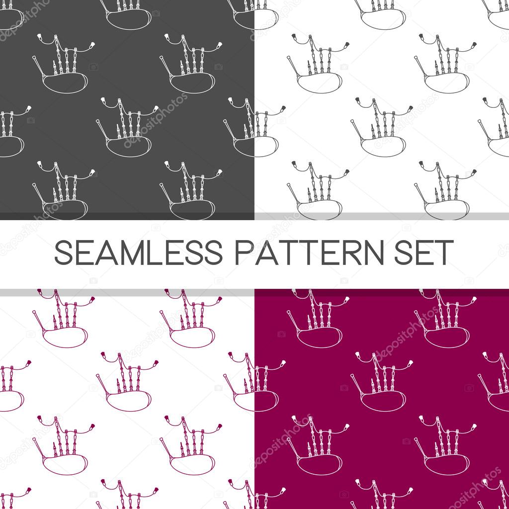 Four seamless vector patterns in different colors. Music background with bagpipes vector outline illustration. Design element for music store or studio packaging or t-shirt design.