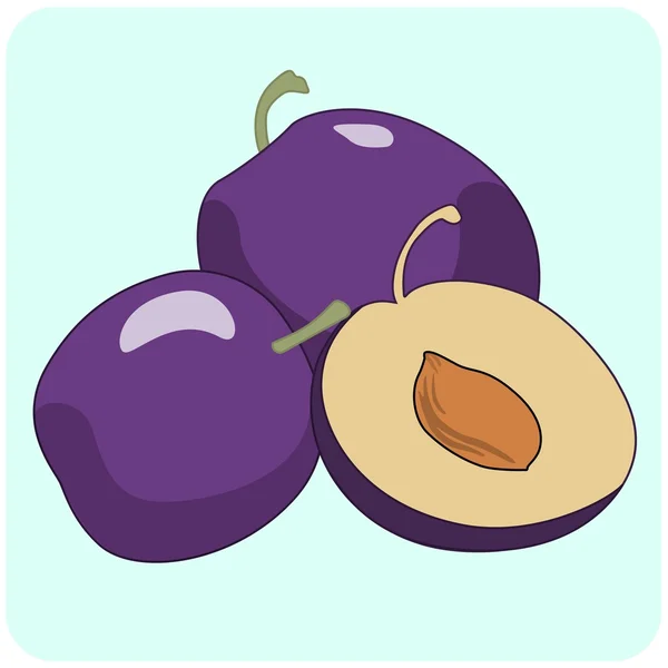 Three purple plums with leaves. Vector illustration isolated on white background. Stock Vector