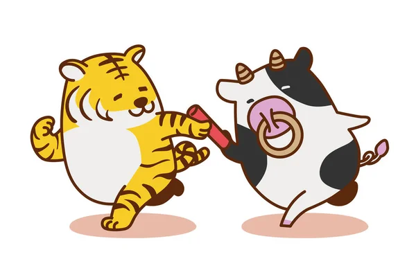 호랑이 캐릭터에 귀여운 Vector Illustration Tiger Character Receiving Baton Cow — 스톡 벡터