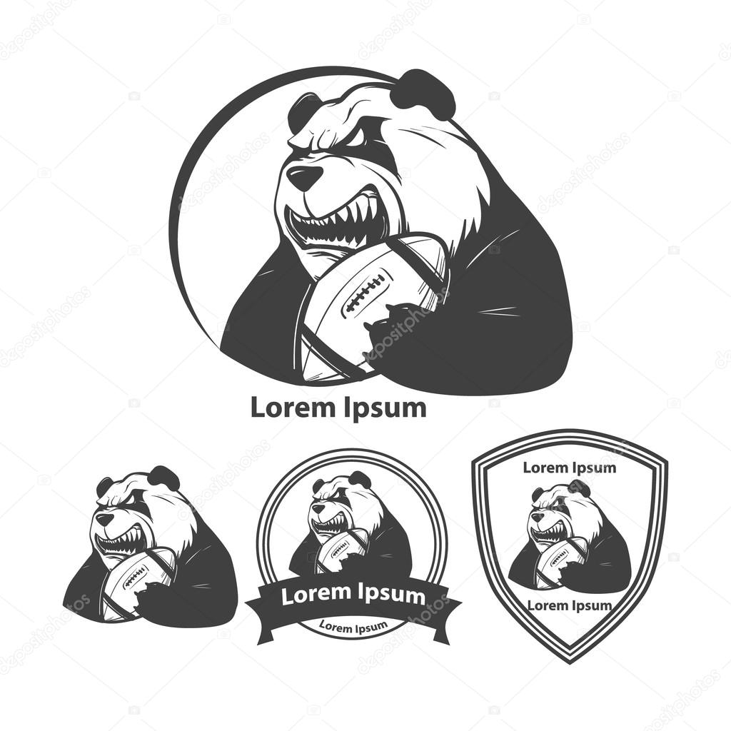 Panda with rugby ball for logo, american football symbol, simple illustration, sport team emblem, design elements