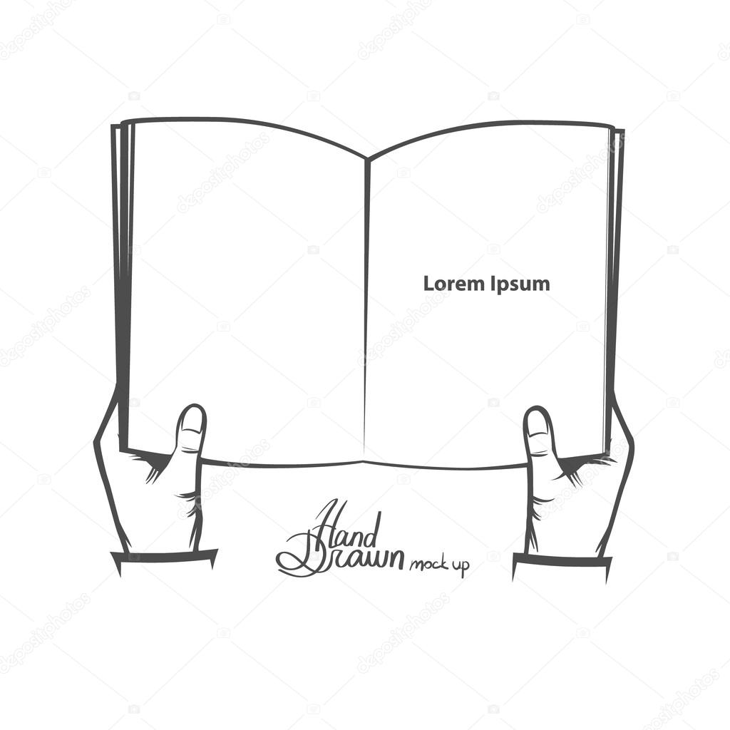 Hands holding open book, simple illustration, hand drawn, isolated on white...
