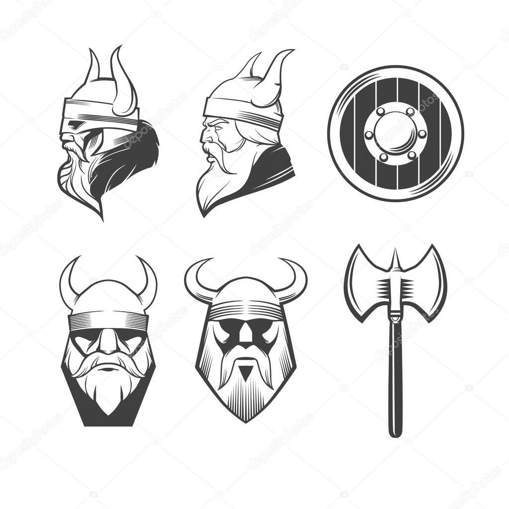 Viking head, shield and axe, viking weapons, security idea, for logo, design emblem