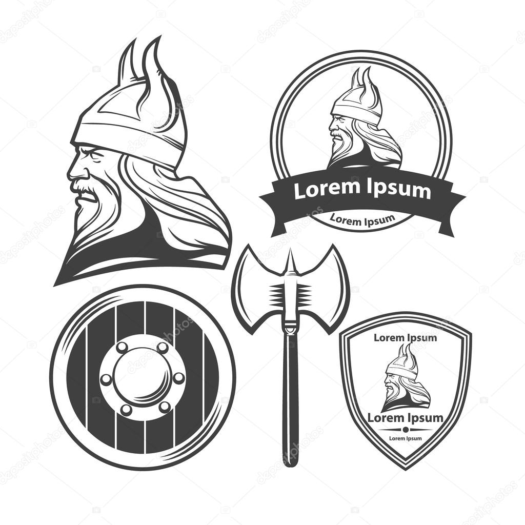 Viking head, shield and axe, viking weapons, security idea, for logo, design emblem
