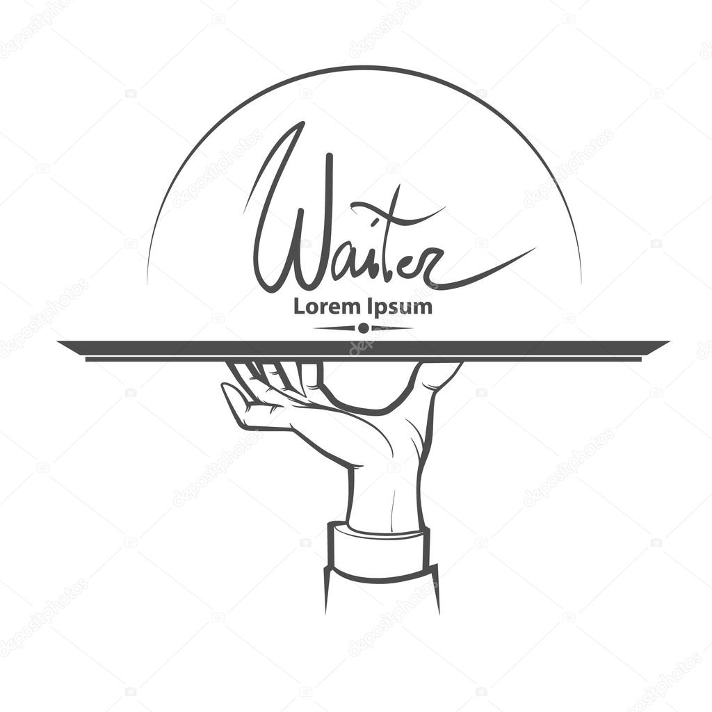 Waiter, human hand with a tray, simple illustration