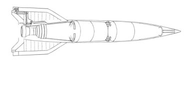 V-2 füzesinin 2D çizimi. Çizim, hesaplamalar, elle çizilmiş formüller. Bir Alman V-2 roketinin kısmi çizimi. 2. Dünya Savaşı Roketi, 1944-45