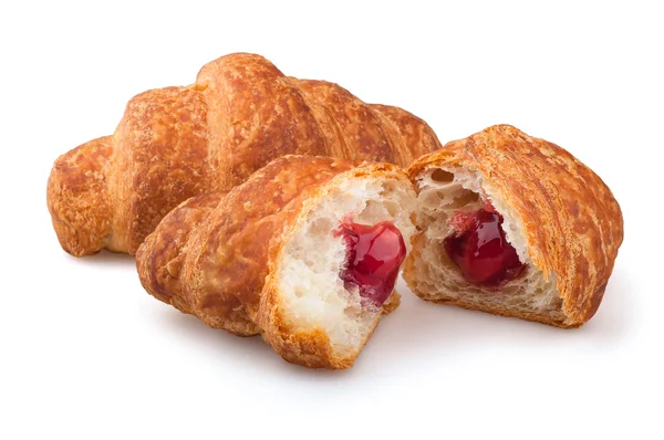 Croissants sur fond blanc, croissants confiture de fraises sur fond blanc — Photo