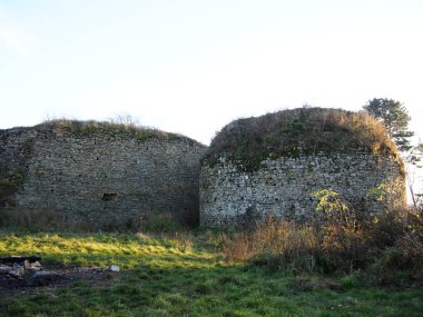 Sonbahar öğleden sonra ormanda eski bir taş şatonun harabelerinin yanında güneşli, soğuk bir gün vahşi doğa, macera gezisi, aileyle seyahat, arka plan kağıdı.