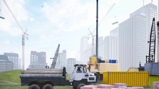 Uma paisagem industrial com guindastes e casas em construção, local de construção em um verão nebuloso — Vídeo de Stock