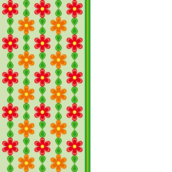 Kaart met rode en oranje bloemen en groene bladeren voorjaar effect — Stockvector