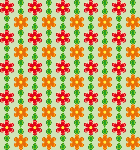 Virágmintás, piros és narancssárga virágok, zöld háttér — Stock Vector