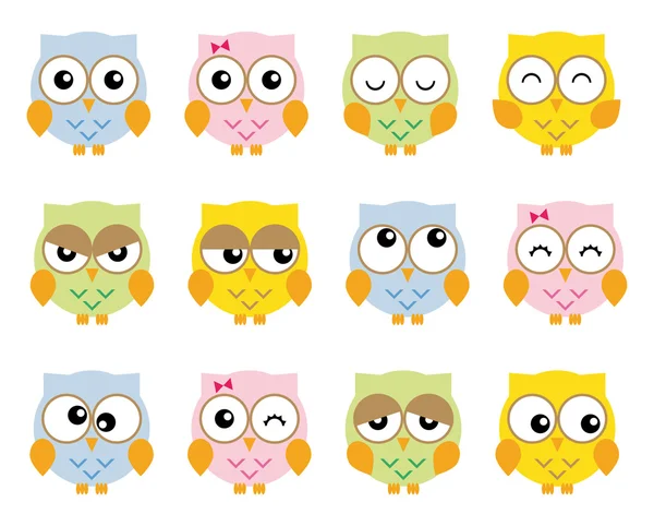 Set twelve nice simple owls in various moods cartoon style — Stock Vector