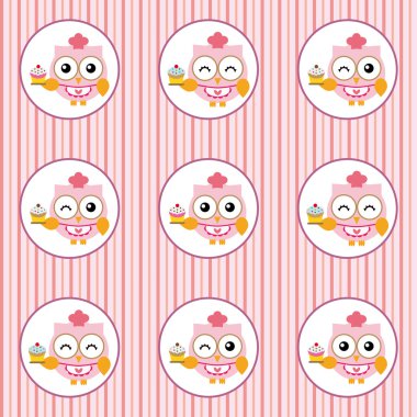 Pasta şefi baykuş ve cupcakes renkli arka plan üzerinde eğlenceli desen 