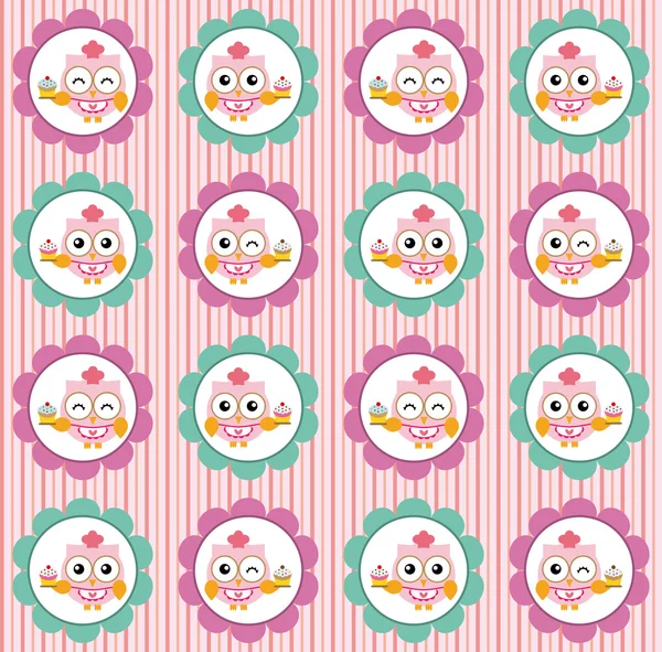 Fun pattern with pastry chef owl and cupcakes on pink background — Stock Vector