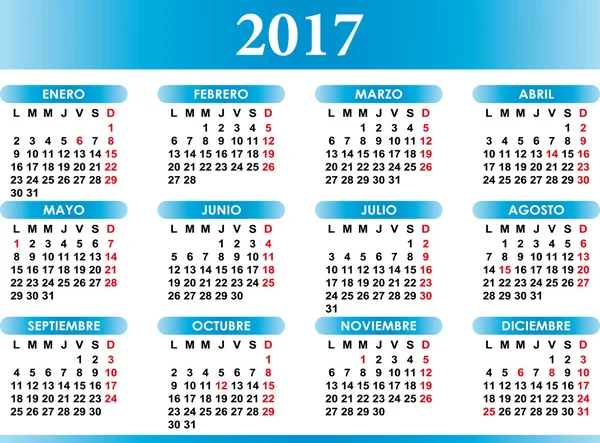 Calendario español 2017 con festividades — Vector de stock