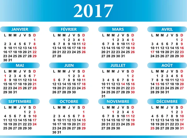 Calendario francés 2017 con festividades — Vector de stock