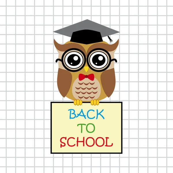 Professor coruja bonito no fundo quadrado com sinal de volta para a escola — Vetor de Stock