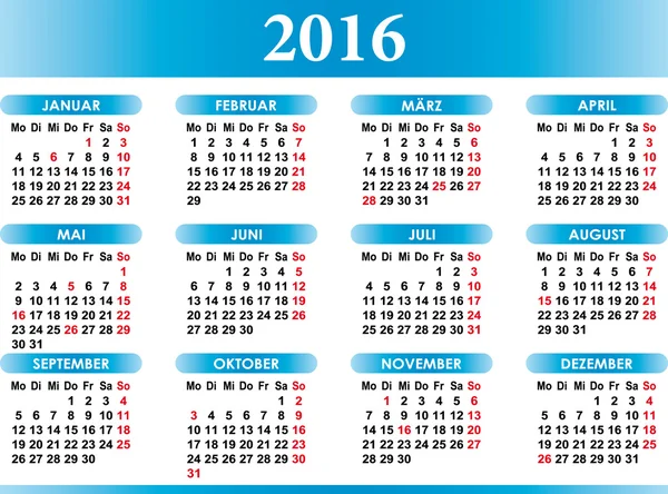 Deutsch Kalender 2016 Німецька календар 2016 — стоковий вектор