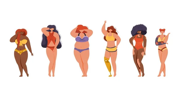विभिन्न ऊंचाई, आंकड़ा प्रकार और आकार की बहुजातीय महिलाओं तैराकी पोशाक में पहने हुए . — स्टॉक वेक्टर