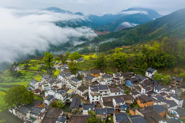 İlkbaharda, Çin 'in Jiangxi Eyaleti' nin Wuyuan kentinin kırsal arazisi teraslı yamaçların tepesinde çiçek açan kolza çiçeği manzarası..