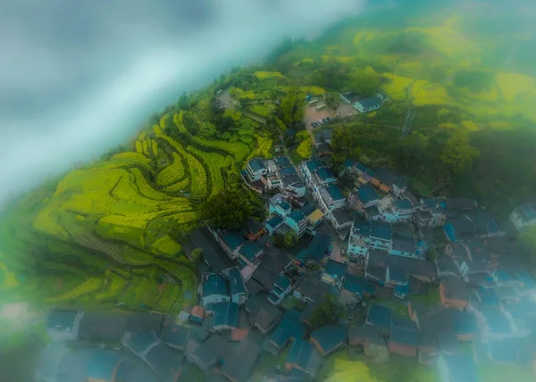İlkbaharda, Çin 'in Jiangxi Eyaleti' nin Wuyuan kentinin kırsal arazisi teraslı yamaçların tepesinde çiçek açan kolza çiçeği manzarası..