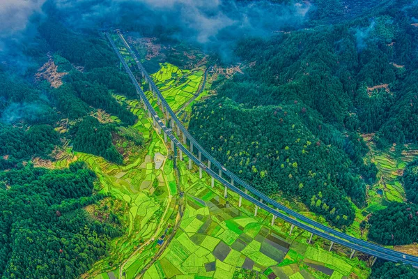 İlkbaharda, Çin 'in Jiangxi Eyaleti' nin Wuyuan kentinin kırsal arazisi teraslı yamaçların tepesinde çiçek açan kolza çiçeği manzarası..