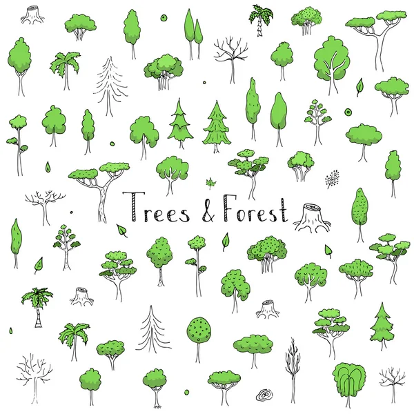 Árboles e iconos del bosque establecidos — Vector de stock