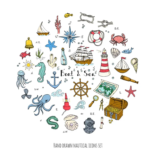 Barco y Mar conjunto — Vector de stock