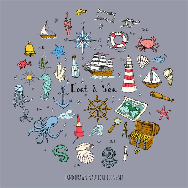 Barco y Mar conjunto — Vector de stock