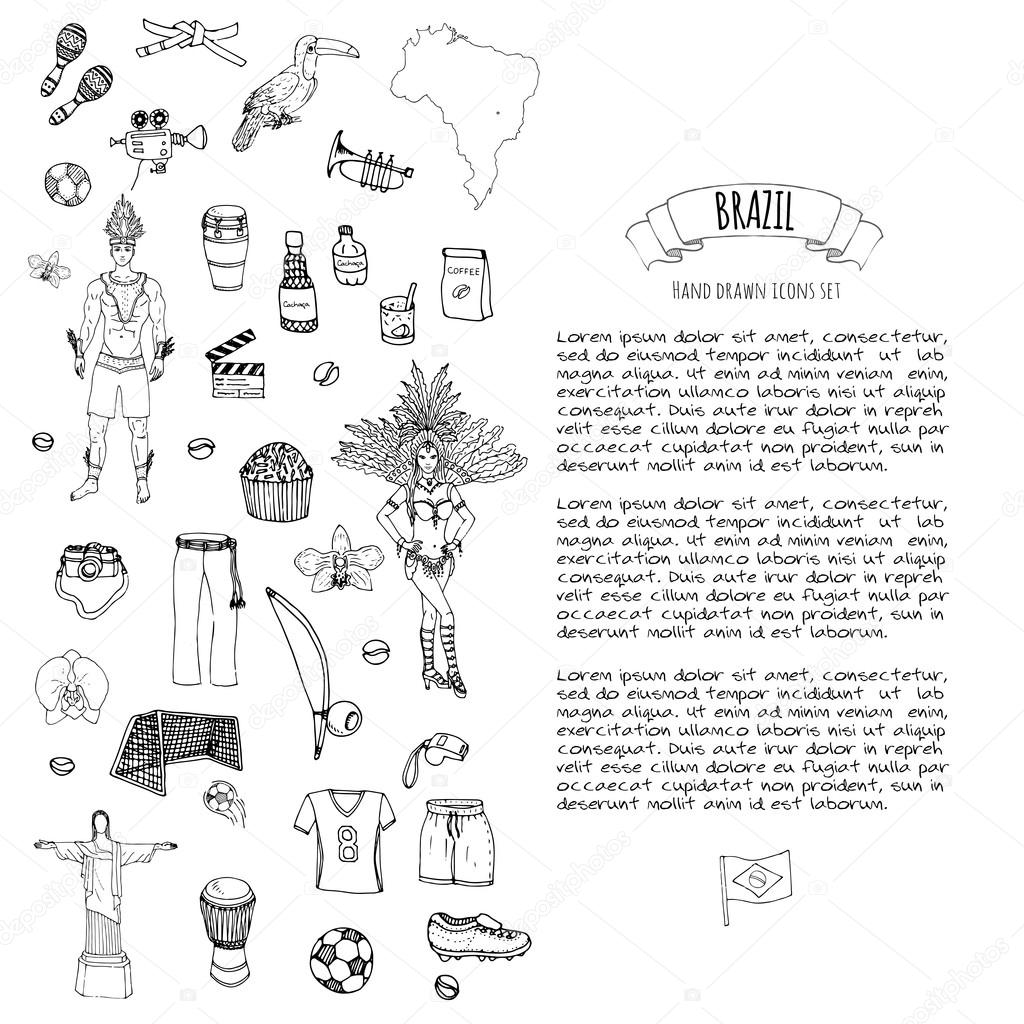 Cartoon Brésil éléments typiques collection Landmark Football ballon crampons objectif Capoeira Samba orchidée de Vector illustration Sommaire brésilien