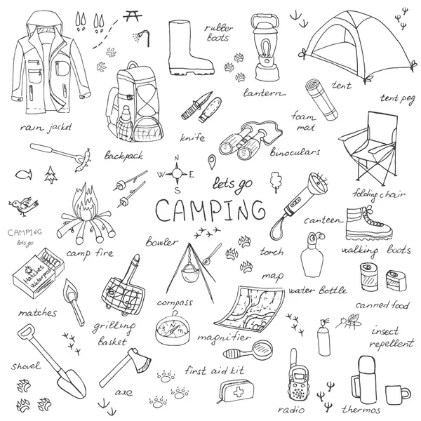 Camping uitrusting symbolen en iconen — Stockvector