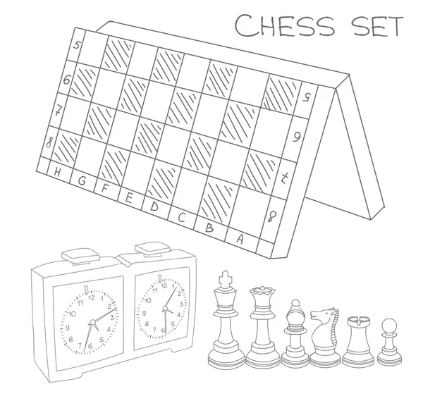 Schackbräde, spel klocka och schackpjäser — Stock vektor