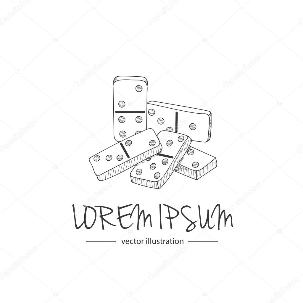 Hand drawn icon of domino blocks isolated on white background, vector illustration, logo design template. Modern linear branding element for domino clubs
