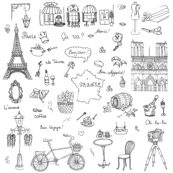 Set of hand drawn French icons — Stock Vector