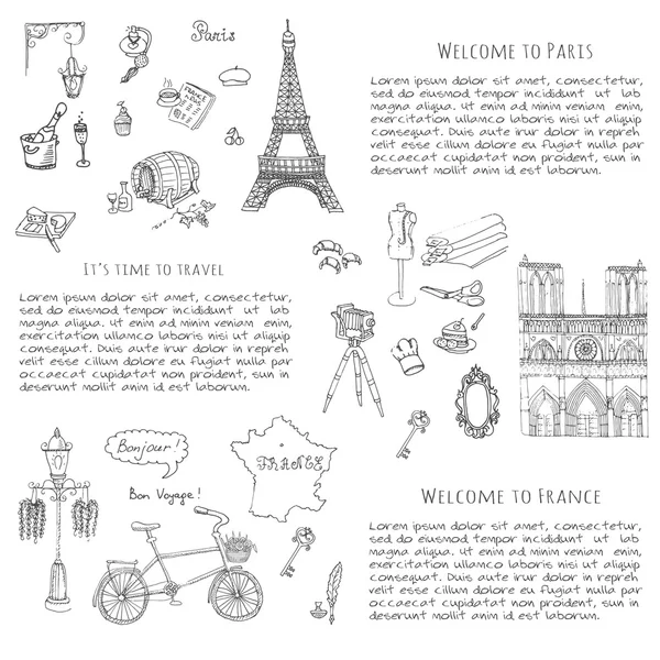 Set van hand getrokken Franse pictogrammen — Stockvector