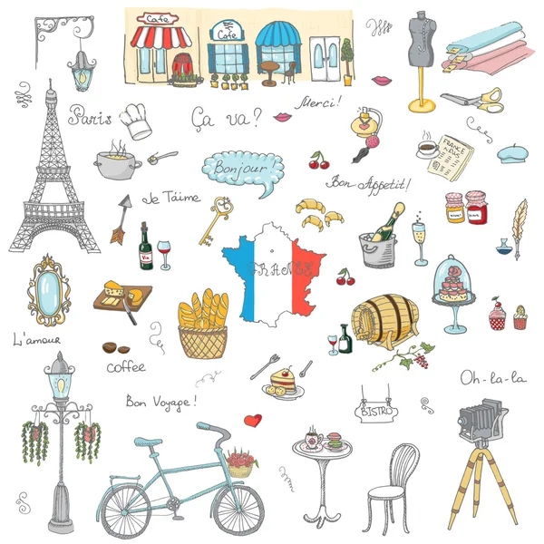 Set di icone francesi disegnate a mano — Vettoriale Stock