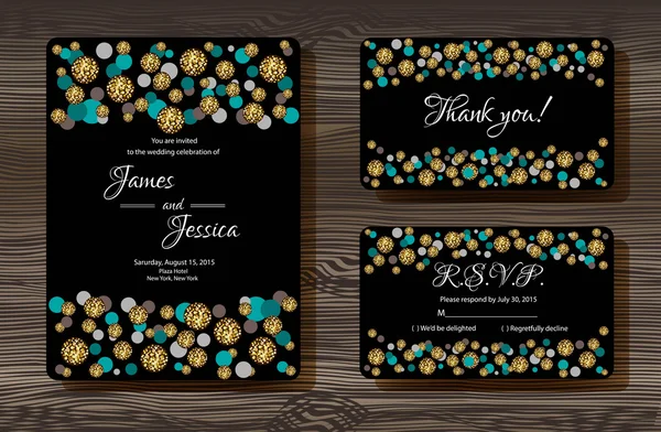 Altın glitter doku ile düğün kartları — Stok Vektör