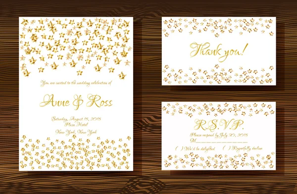 Altın glitter doku ile düğün kartları — Stok Vektör