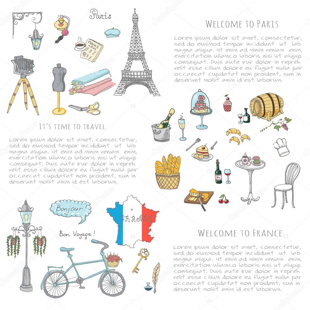 Set of hand drawn French icons