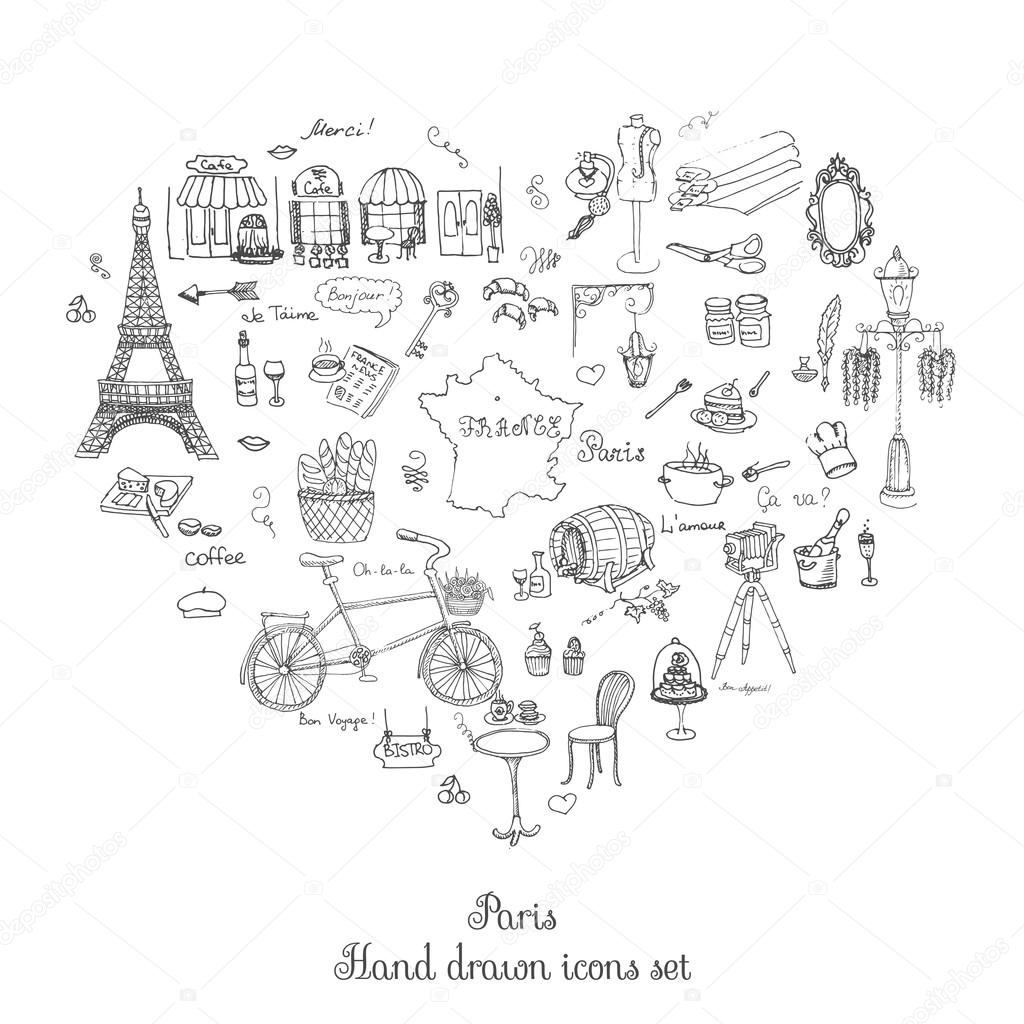 Set of hand drawn French icons