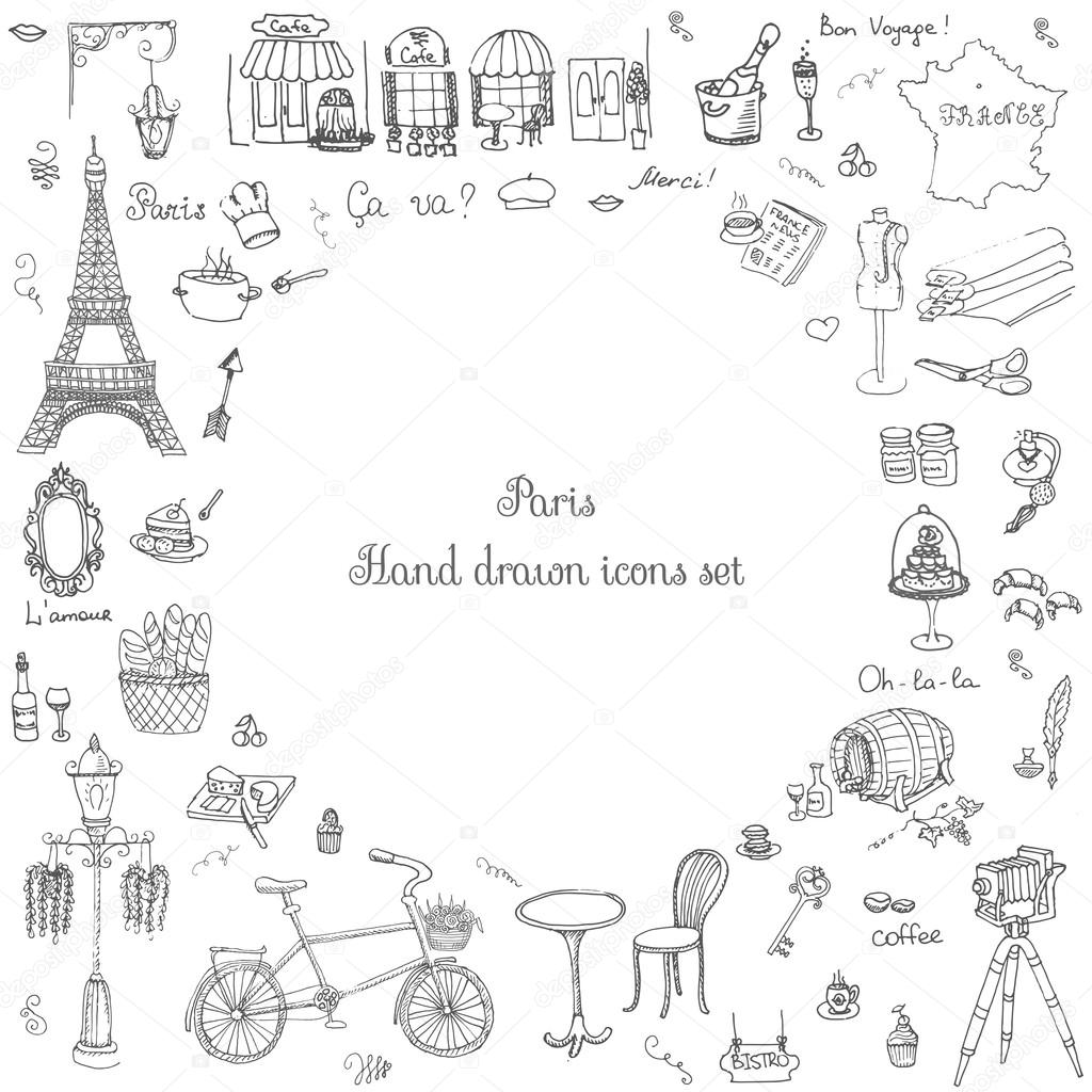 Set of hand drawn French icons