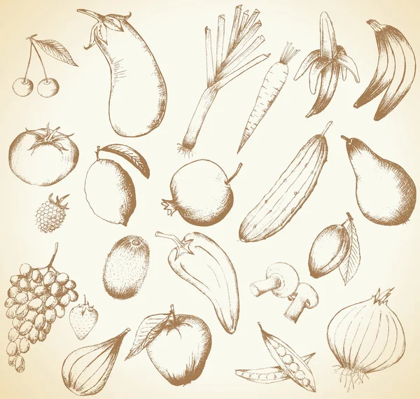 Sada vektorové ručně kreslenou ovoce a zeleniny, izolované na bílém — Stockový vektor