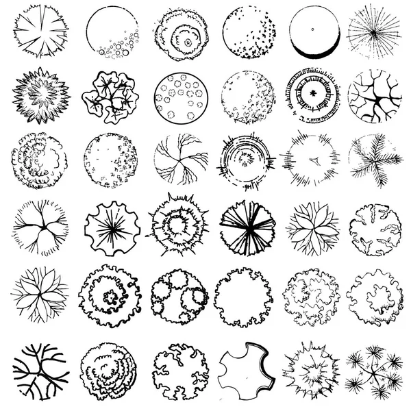 Um conjunto de símbolos de copa de árvore, para projeto arquitetônico ou paisagístico — Vetor de Stock